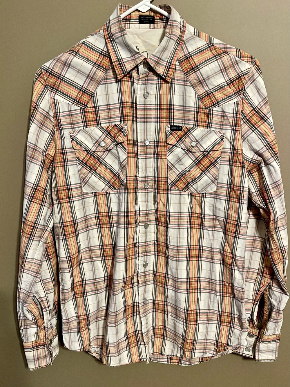 Bullhead Men's Orange Plaid Western Pearl Button-Up Shirt